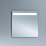 B.Light square wall mirror, 70cm, with a backlit horizontal LED strip inset near the top edge, plain mirrored glass panel on a light grey background.
