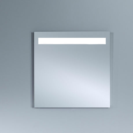B.Light square wall mirror, 70cm, with a backlit horizontal LED strip inset near the top edge, plain mirrored glass panel on a light grey background.
