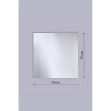 Square wall mirror, B.Ambi Plus 70cm, frameless glass with backlit edge halo effect, shown on a plain light grey background with dimension guides marking width and height.