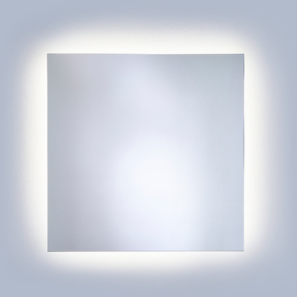 Square B.Ambi Plus backlit LED demister bathroom mirror, 70cm, frameless glass with soft halo light glowing around all four edges on a plain grey background.