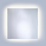 Square B.Ambi Plus backlit LED demister bathroom mirror, 70cm, frameless glass with soft halo light glowing around all four edges on a plain grey background.