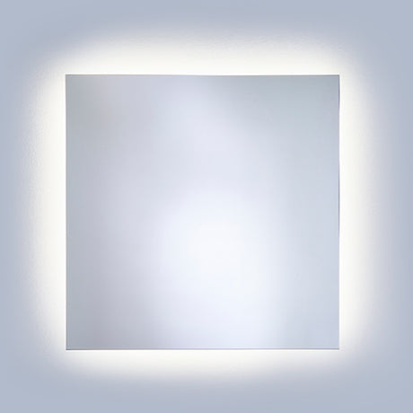 Square B.Ambi Plus backlit LED demister bathroom mirror, 70cm, frameless glass with soft halo light glowing around all four edges on a plain grey background.