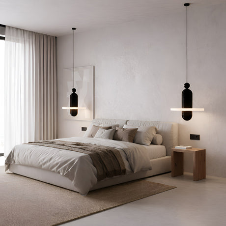 Minimalist bedroom with a low bed in neutral bedding, wooden nightstand, large window with sheer curtains, framed abstract art, and a Nyxara LED Large Single Tiered Alabaster Pendant Light in soft white & black.