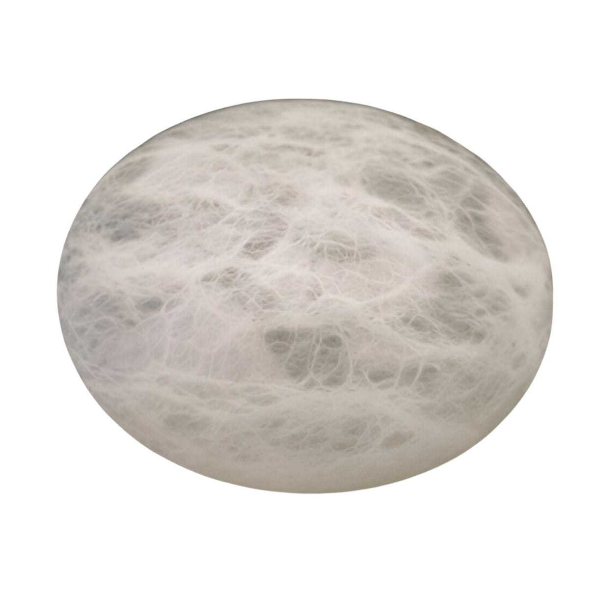 The Caldera Large Pebble Alabaster Table Lamp in Soft White features a smooth, round alabaster surface with delicate, web-like patterns, creating a sculptural look against a plain white background.