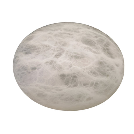 The Caldera Large Pebble Alabaster Table Lamp in Soft White features a smooth, round alabaster surface with delicate, web-like patterns, creating a sculptural look against a plain white background.