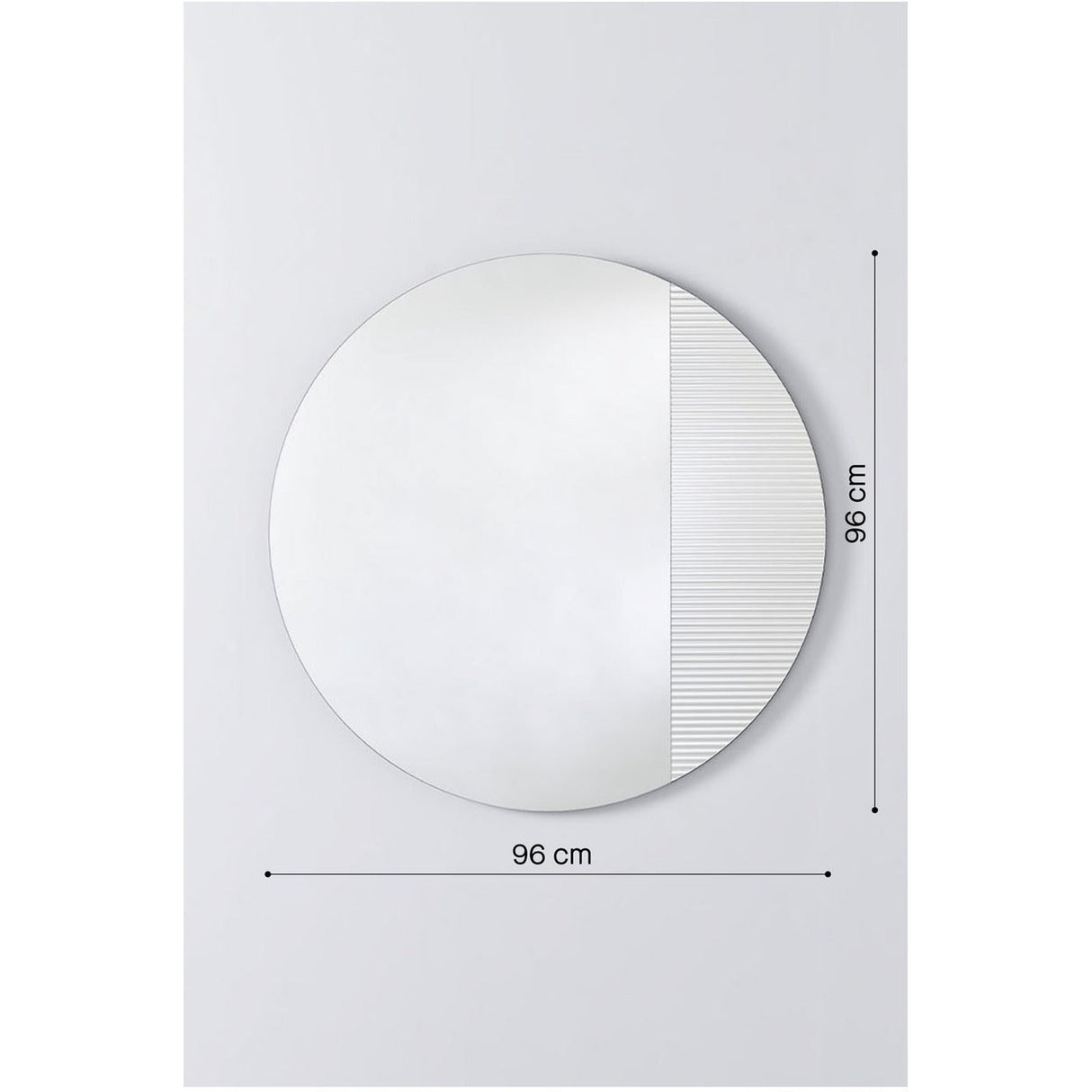 Cord Flutes round wall mirror, 96cm frameless design combining plain mirrored glass with a textured fluted section, shown with dimension markings on a plain white background.
