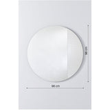 Cord Flutes round wall mirror, 96cm frameless design combining plain mirrored glass with a textured fluted section, shown with dimension markings on a plain white background.