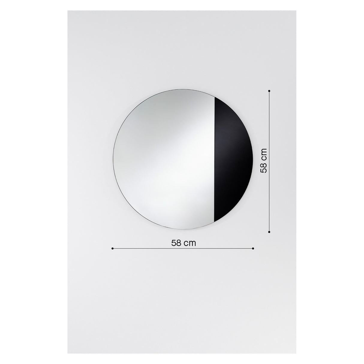 Cord Black round wall mirror, 58cm, frameless with one half clear mirror and one half black tinted glass, shown with dimension guides on a plain white background.
