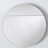 Cord Flutes round wall mirror, 58cm, frameless with reeded glass ribbed top half and plain mirror below, meeting at a clean horizontal line, on a plain white background.