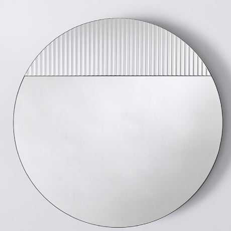 Cord Flutes round wall mirror, 58cm, frameless with reeded glass ribbed top half and plain mirror below, meeting at a clean horizontal line, on a plain white background.