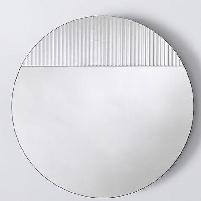 Cord Flutes round wall mirror, 58cm, frameless with reeded glass ribbed top half and plain mirror below, meeting at a clean horizontal line, on a plain white background.