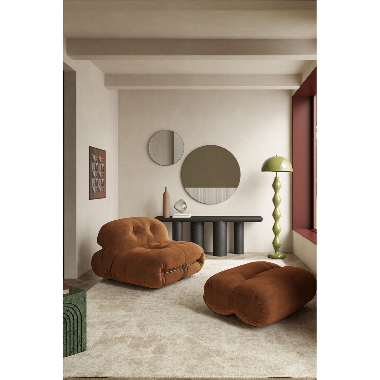 Cord Flutes 58cm round wall mirror with reeded glass upper section and plain mirror below, shown frameless above a black console table in a living room.