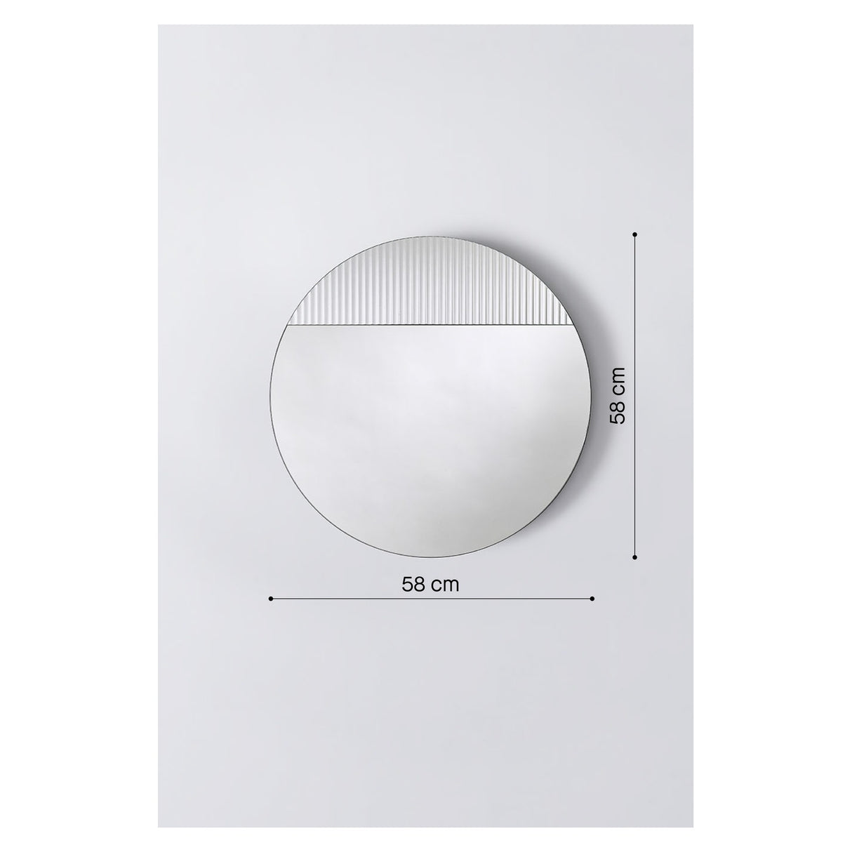 Cord Flutes round wall mirror, 58cm, with reeded glass upper section in fine ribbed lines meeting plain mirror below, frameless design shown with dimension guides on a white background.