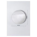 Cord Flutes round wall mirror, 58cm, with reeded glass upper section in fine ribbed lines meeting plain mirror below, frameless design shown with dimension guides on a white background.
