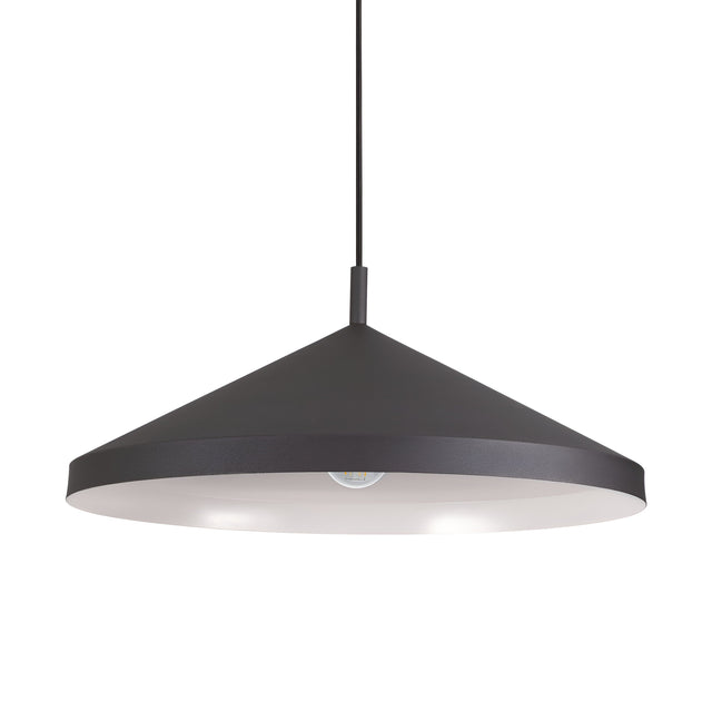 The Elysian 1 Light Pendant - Black, 50cm features a sleek black conical design suspended from a slender rod. Its white interior maximizes the glow of the central bulb, with dimmable capabilities to create the perfect atmosphere.