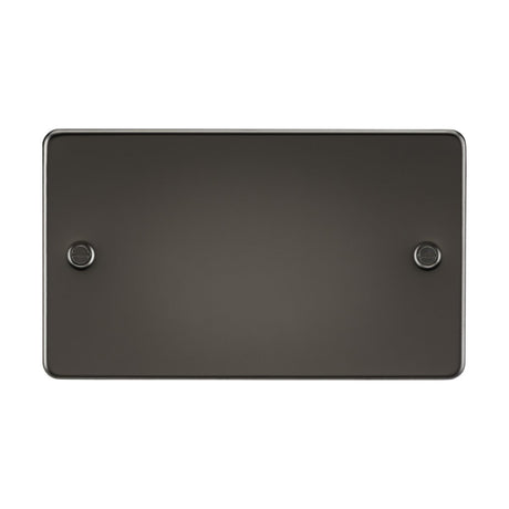 The 2 Gang Blanking Plate - Gunmetal (Flat Plate) is a dark, rectangular item with rounded edges, made from premium-grade steel. It showcases two circular elements on opposite sides, against a white background.