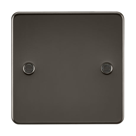 The 1 Gang Blanking Plate - Gunmetal (Flat Plate) is a dark brown metallic switch cover made from premium-grade steel, featuring two visible screws. Its smooth, unadorned surface epitomizes contemporary design with a modern, minimalist style.