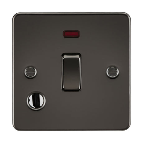 The 20A 1 Gang DP Switch Neon & Flex Outlet in gunmetal displays a black double pole switch with a red indicator light, featuring an ultra-low-profile design, metallic finish, and two side screw placements.
