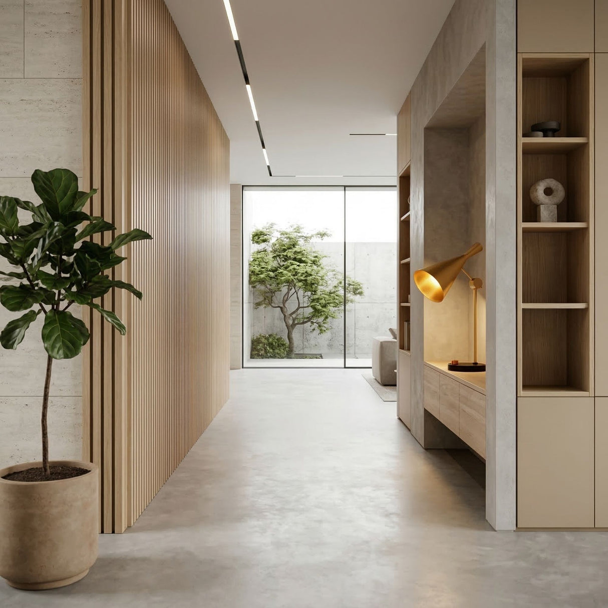 Minimalist hallway with light wood paneling, built-in shelves, a Funk Table Lamp - Brass adding a pop of yellow, potted plant on the left, and a large window at the end revealing a small tree and concrete walls outside.