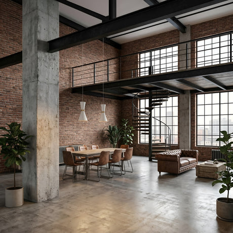 A modern loft with exposed brick, large windows, a metal spiral staircase, indoor plants, dining table and chairs, a Ramses Pendant Light - White for stylish lighting, plus a brown leather sofa paired with a coffee table.