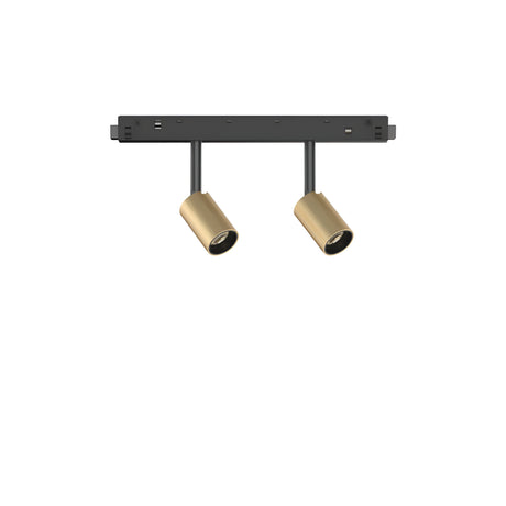 The Luxeon LED Magnetic Twin Track Spotlight 5W 3000K 1-10V in gold boasts a modern black track lighting fixture with two adjustable spotlights. Its minimalist design is accentuated against a white background, emphasizing its sleek and contemporary style.