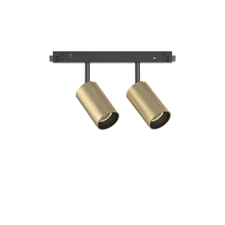 The Luxeon LED Magnetic Twin Track Spotlight 16W 3000K - Gold is a modern ceiling light fixture that features two cylindrical, gold-colored adjustable spotlights mounted on a black rectangular bar. It provides efficient lighting with its warm and inviting gold spotlight at 3000K.