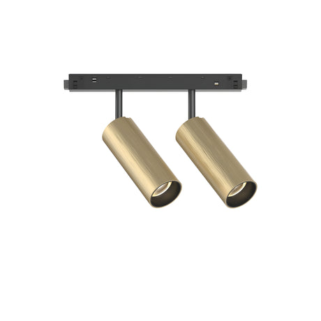 The Luxeon LED Magnetic Twin Track Spotlight 24W 3000K - Gold is a modern ceiling-mounted fixture with dual cylindrical shades in an elegant gold finish, attached to a sleek black rectangular base. Its contemporary design provides ideal accent lighting with a warm 3000K glow.