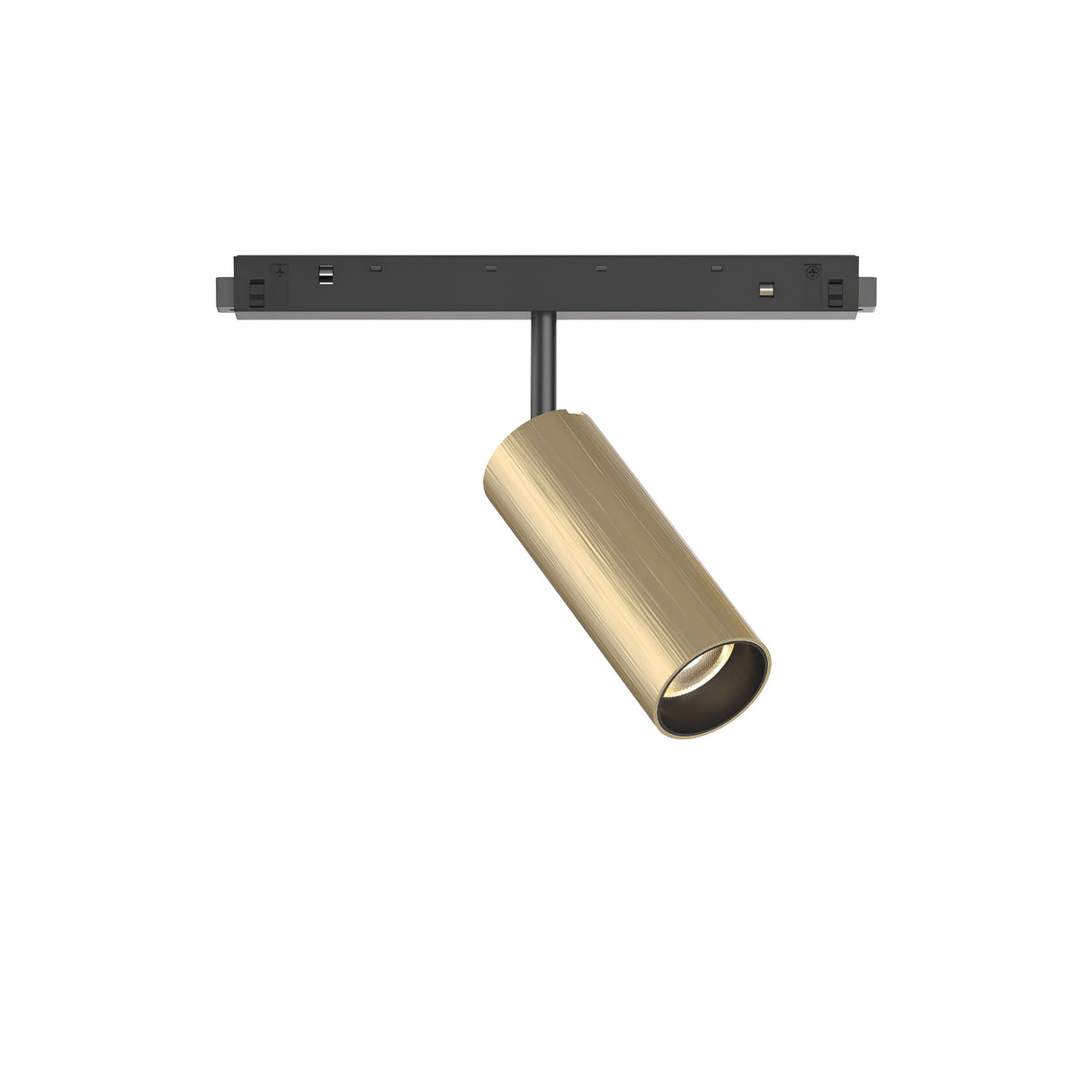 The Luxeon LED Magnetic Track Spotlight 12W 3000K, featuring a cylindrical brass finish fixture, is attached to a sleek black mounting bracket. Its modern design is angled for a minimalist look.