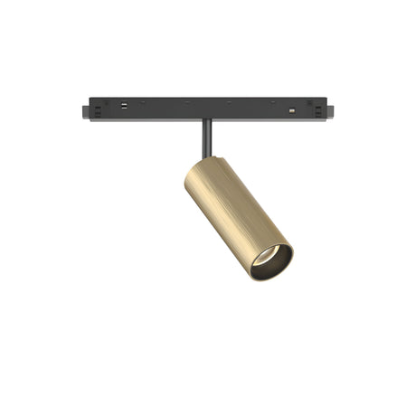 The Luxeon LED Magnetic Track Spotlight 12W 3000K, featuring a cylindrical brass finish fixture, is attached to a sleek black mounting bracket. Its modern design is angled for a minimalist look.