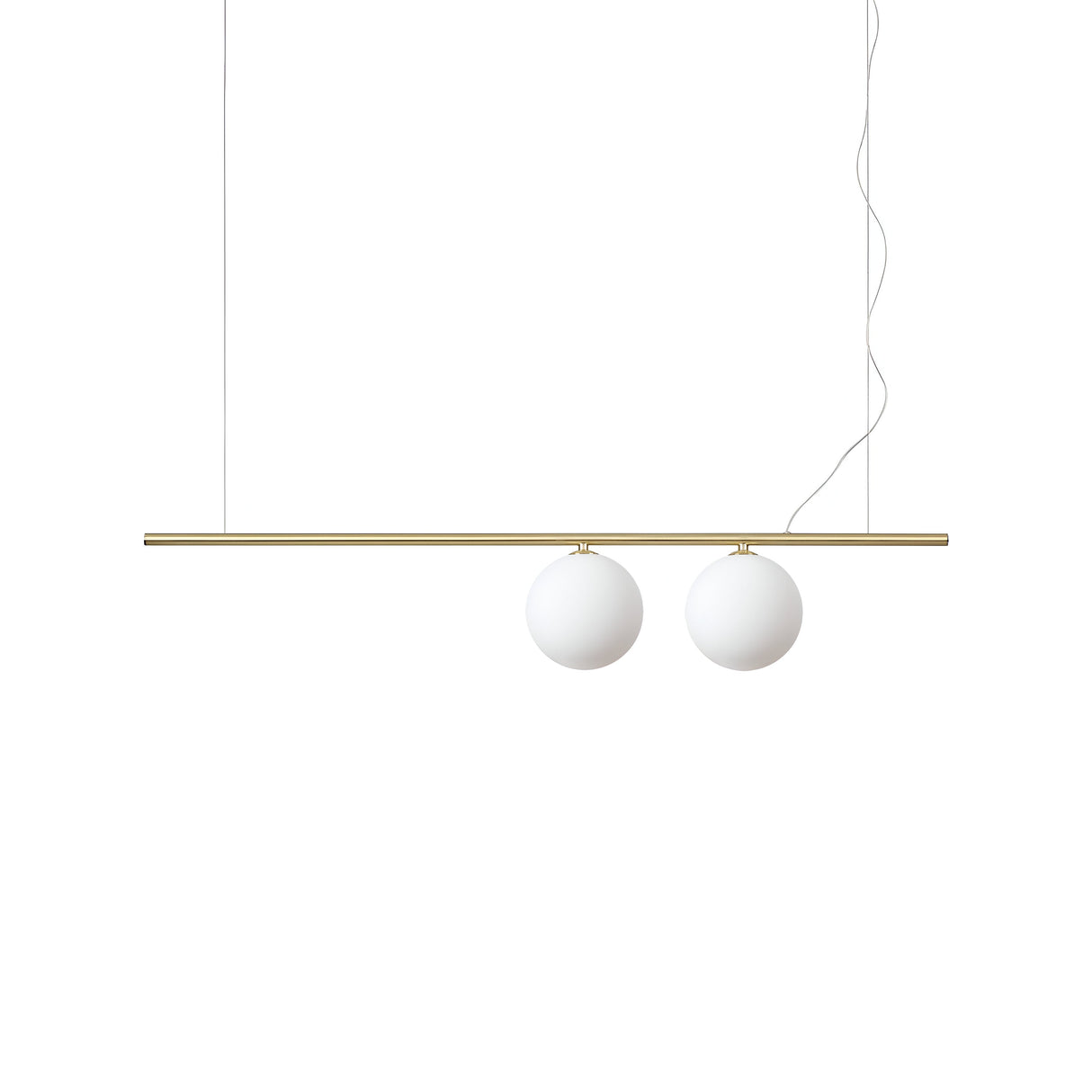 The Zephira 2 Light Linear Suspension - Brass is a minimalist lighting fixture showcasing a streamlined satin brass horizontal bar and two spherical white bulbs that hang gracefully from slender wires against a simple white backdrop.