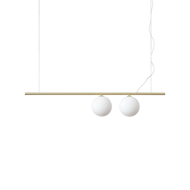 The Zephira 2 Light Linear Suspension - Brass is a minimalist lighting fixture showcasing a streamlined satin brass horizontal bar and two spherical white bulbs that hang gracefully from slender wires against a simple white backdrop.
