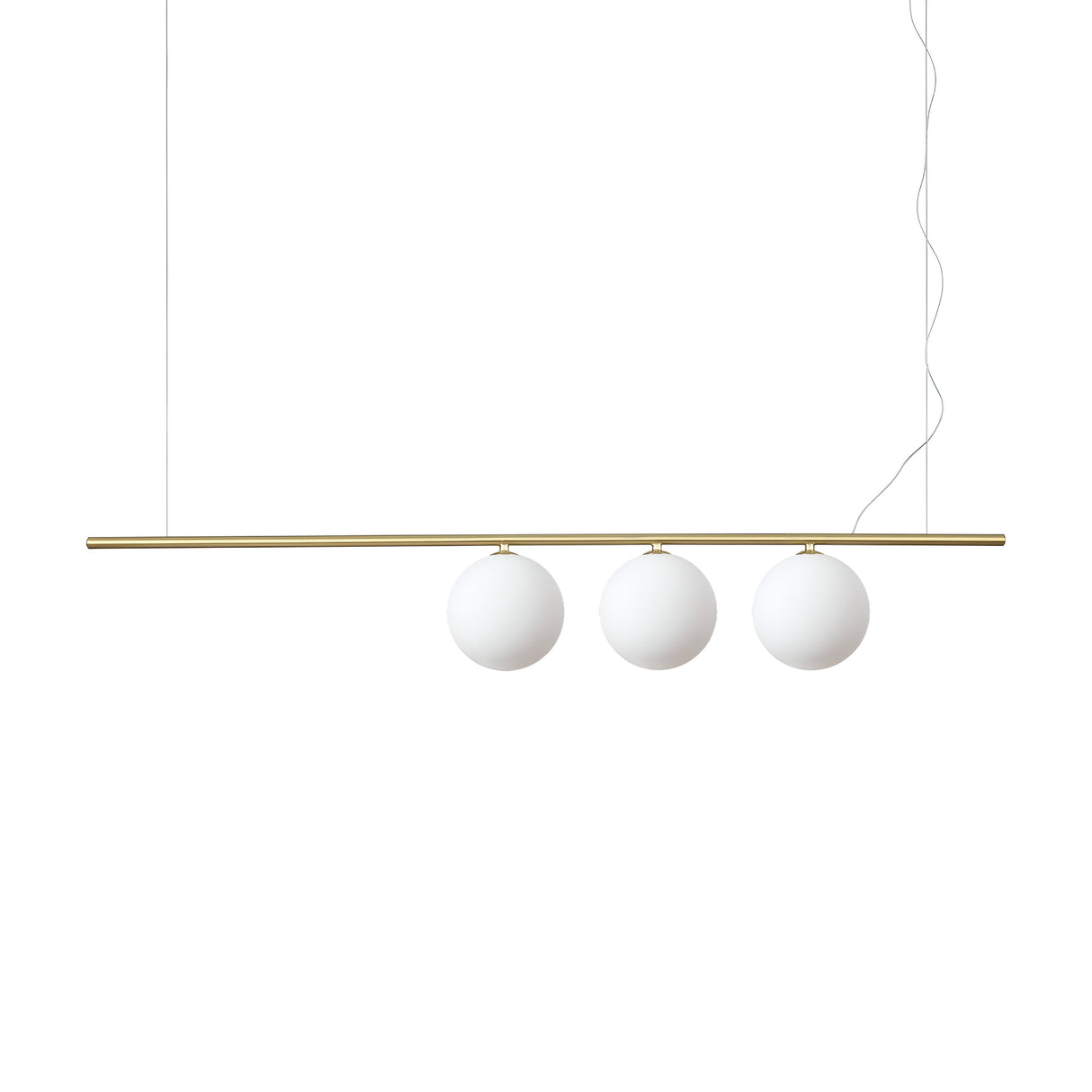 Introducing the Zephira 3 Light Linear Suspension in brass, a minimalist pendant lamp that features a horizontal gold rod adorned with three evenly spaced white spherical lamps. This elegant fixture uses G9 bulbs and is suspended by thin wires, set against a plain white background.