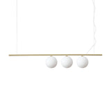 Introducing the Zephira 3 Light Linear Suspension in brass, a minimalist pendant lamp that features a horizontal gold rod adorned with three evenly spaced white spherical lamps. This elegant fixture uses G9 bulbs and is suspended by thin wires, set against a plain white background.