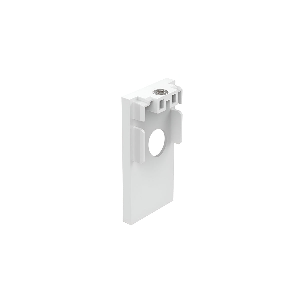 The Luxeon-1 End Power Cap for 3-Phase Track in white is a polycarbonate mounting bracket with a central circular hole and rectangular notches on either side, specifically designed for attaching or supporting 3-phase track lighting components.
