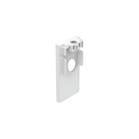 The Luxeon-1 End Power Cap for 3-Phase Track in white is a polycarbonate mounting bracket with a central circular hole and rectangular notches on either side, specifically designed for attaching or supporting 3-phase track lighting components.
