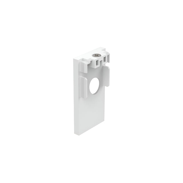 The Luxeon-1 End Power Cap for 3-Phase Track in white is a polycarbonate mounting bracket with a central circular hole and rectangular notches on either side, specifically designed for attaching or supporting 3-phase track lighting components.