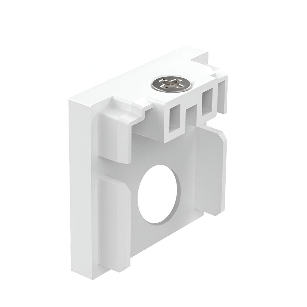 The Luxeon-1 Small End Power Cap for 3-Phase Track in white is an L-shaped polycarbonate mounting bracket with a circular opening and a screw hole at the top, featuring multiple grooves and ridges. It's perfect for securing or attaching components in 3-phase track lighting installations.