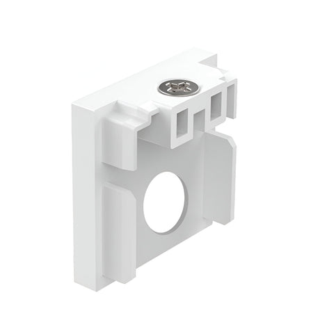 The Luxeon-1 Small End Power Cap for 3-Phase Track in white is an L-shaped polycarbonate mounting bracket with a circular opening and a screw hole at the top, featuring multiple grooves and ridges. It's perfect for securing or attaching components in 3-phase track lighting installations.