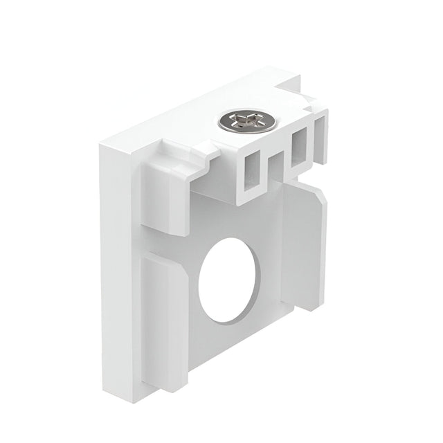 The Luxeon-1 Small End Power Cap for 3-Phase Track in white is an L-shaped polycarbonate mounting bracket with a circular opening and a screw hole at the top, featuring multiple grooves and ridges. It's perfect for securing or attaching components in 3-phase track lighting installations.