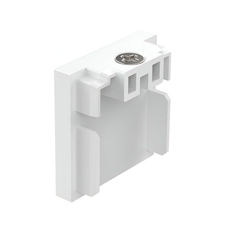 A Luxeon-2 Small End Power Cap in white is perfectly designed for integration into a 3-phase track lighting system. This L-shaped plastic mounting bracket features a silver screw on top, along with grooves and notches to ensure secure attachment, making it ideal for structural support or connection purposes.