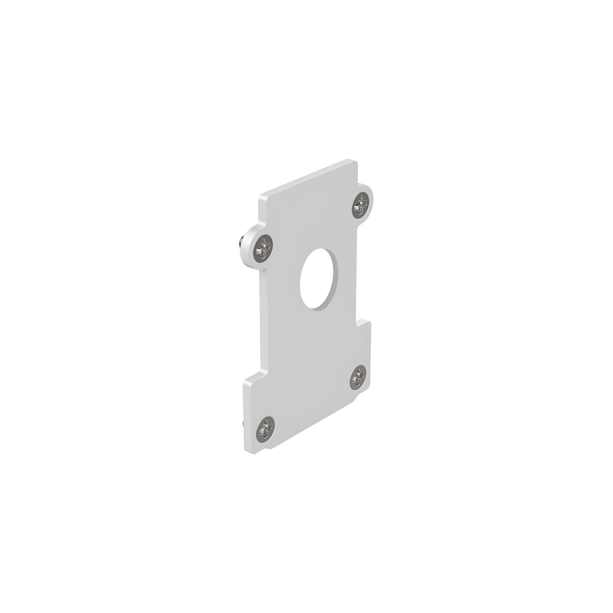 A Luxeon Recessed End Power Cap Track in white, featuring a rectangular metal bracket with a central circular hole and four corner screws, is showcased against a plain background.