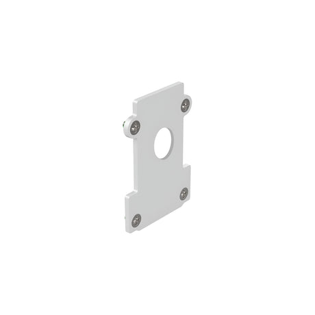 A Luxeon Recessed End Power Cap Track in white, featuring a rectangular metal bracket with a central circular hole and four corner screws, is showcased against a plain background.