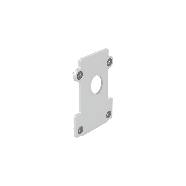A Luxeon Recessed End Power Cap Track in white, featuring a rectangular metal bracket with a central circular hole and four corner screws, is showcased against a plain background.