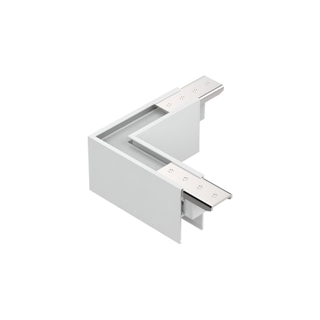 3D rendering of the Luxeon Surface L-Connector Track Horizontal - On-Off in white, showcasing its sliding mechanism. The bracket design highlights metallic accents against a clean white backdrop, capturing the minimalist elegance akin to dimmable track lighting.