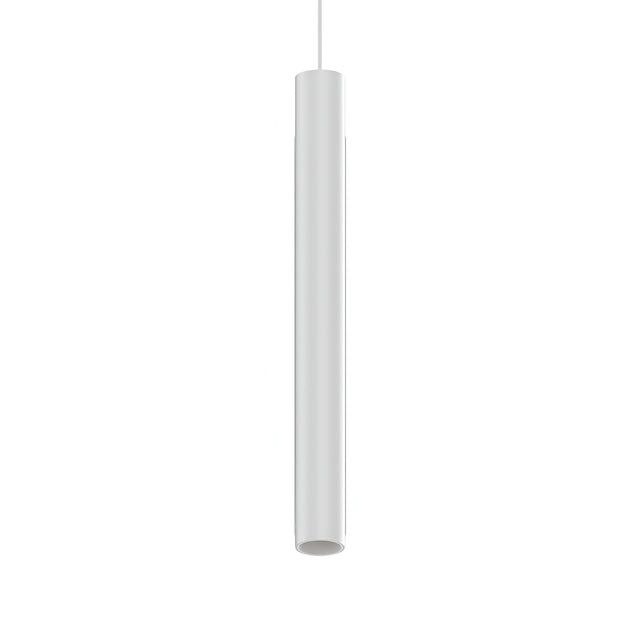 The Pure LED Magnetic Track Pendant 12W 3000K On-Off - White hangs elegantly from a thin wire against a plain white background, highlighting its energy-efficient LED technology with its sleek, minimalist design.