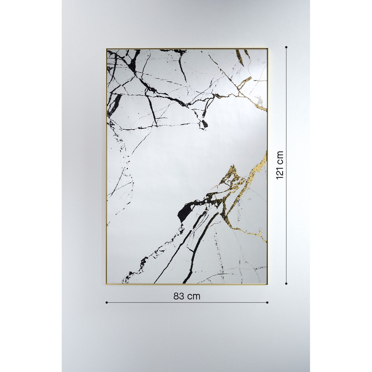 Rectangular wall mirror with thin gold frame, 121cm x 83cm, black and gold marble-effect veining printed on silvered glass, shown against a plain light grey background with dimension labels.