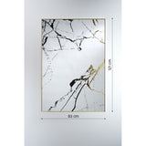 Rectangular wall mirror with thin gold frame, 121cm x 83cm, black and gold marble-effect veining printed on silvered glass, shown against a plain light grey background with dimension labels.