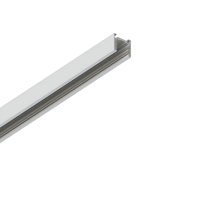 A close-up of the Luxeon Slim Magnetic Surface-Mounted Track in white, featuring a sleek, modern design. The details of the aluminium channel and frosted cover are highlighted as the LED strip light is integrated into the track and angled diagonally across the image, showcasing its contemporary elegance.