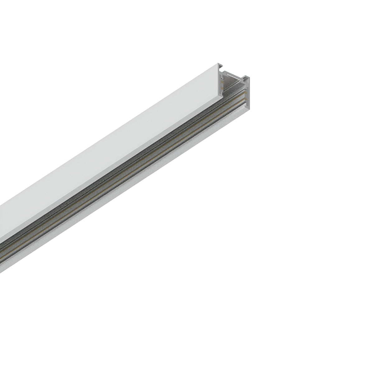 The Luxeon Slim Magnetic Surface-Mounted Track 2m - White features a sleek, long, narrow design with a recessed groove that spans diagonally against the white background. The metallic finish enhances the magnetic lighting fixtures that can be effortlessly attached, highlighting the appeal of its aluminum construction.