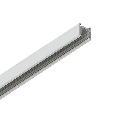 The Luxeon Slim Magnetic Surface-Mounted Track 2m - White features a sleek, long, narrow design with a recessed groove that spans diagonally against the white background. The metallic finish enhances the magnetic lighting fixtures that can be effortlessly attached, highlighting the appeal of its aluminum construction.
